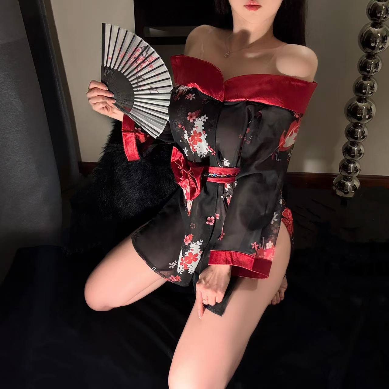 Phantom Print Kimono Lingerie Set with See-Through Robe and Black Thigh-High Stockings — detail image 4
