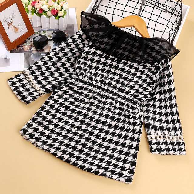 Girls' coat new 2022 spring and autumn French plaid long-sleeved mesh stitching lapel coat foreign trade children's clothing wholesale
