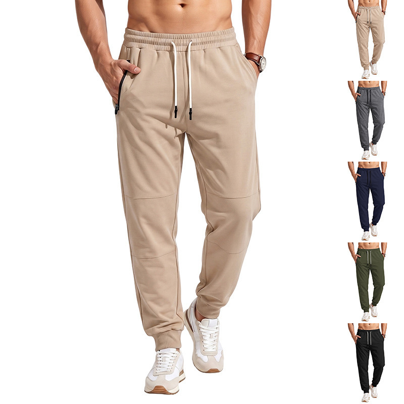Cross-border men's new spring and autumn elastic waist drawstring jogger pants with side zipper pockets for casual sports