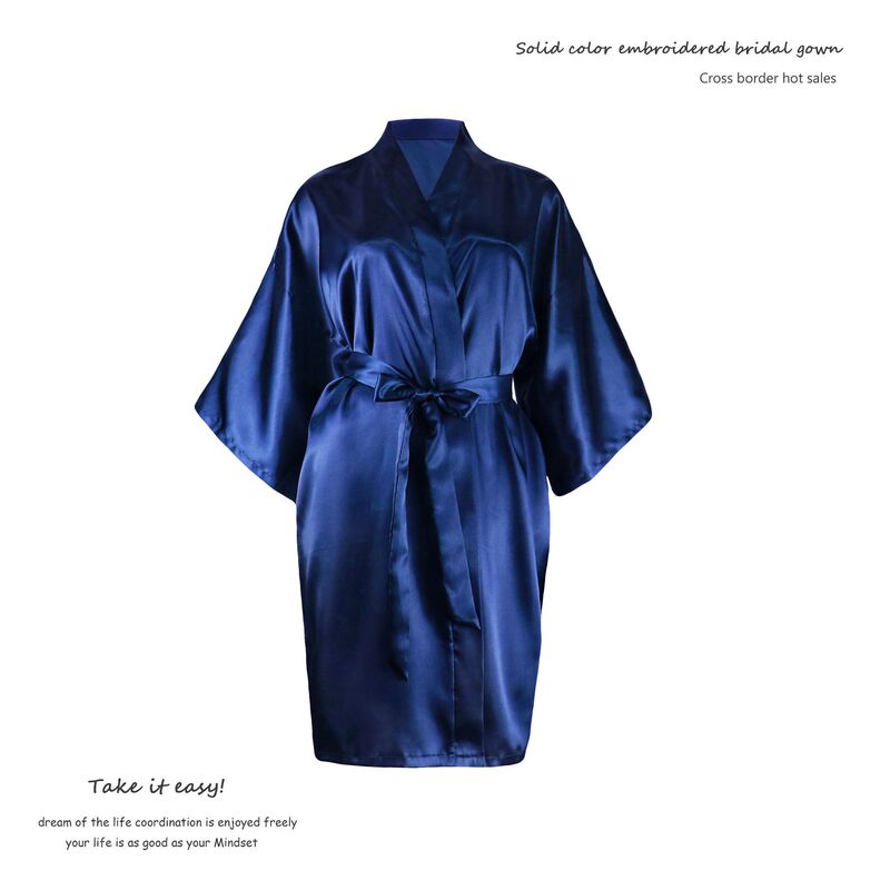 European and American Plus Size Women's Nightgown Silk-like Shade Kimono Solid Color Thin Cardigan Bathrobe Summer Sexy Short Morning Gown