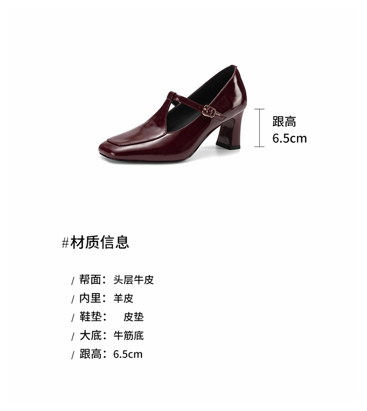 Giày cao gót nữ mũi vuông da cừu quai ngang khóa T phong cách vintage — Rượu vang đỏ chi tiết 4