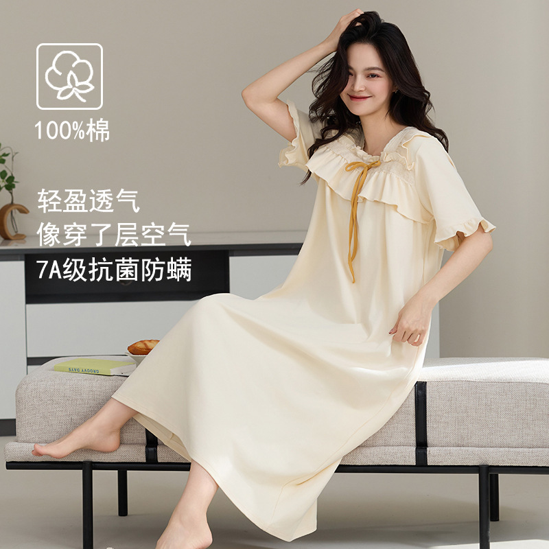 クラス A 抗菌ナイトガウン女性の夏の純粋な綿の半袖ドレスロングプラスサイズは外で着用できます女性のための綿のパジャマ|undefined