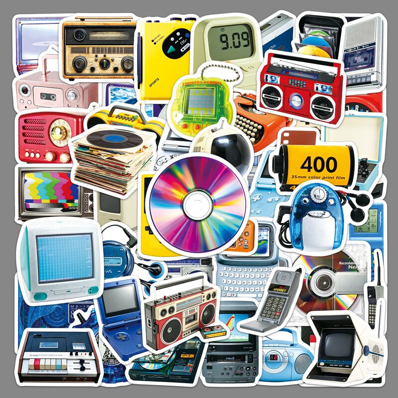 50 Pieces of Nostalgic Technology Stickers, Electronic Products, Creative Trendy Graffiti, Milk Tea Cup, Desktop Helmet Stickers