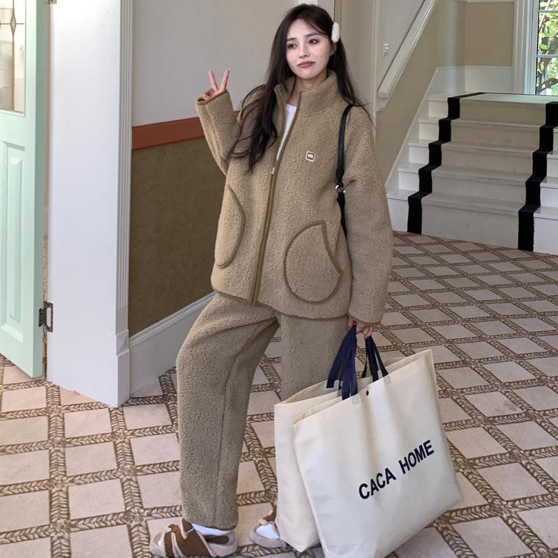 CaCa情侣睡衣羊羔绒冬季立领拉链男休闲外穿运动加厚家居服女套装|undefined