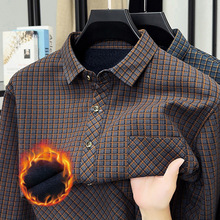 跨境秋冬男士加绒格子长袖衬衫中年休闲加厚保暖衬衣开衫打底批发