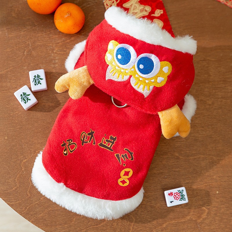 Año nuevo mascota Tang traje León danza pareja ropa de algodón acolchado ropa de Año Nuevo ropa de perro festivo gato dos pies ropa de perro caliente