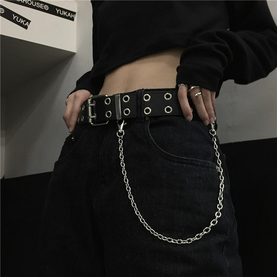 Belt Women's South Korea Ins Retro Cool Black Double-breasted Metal Chain Decoration All-match Punk Belt Men's Trendy