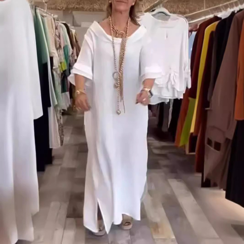 2024 Europe and the United States cross-border explosions cotton and linen women's summer casual side slits pure color with pocket long dress