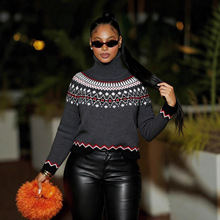2025秋冬高领提花毛衣欧美复古撞色民族风针织衫时尚宽松保暖上衣