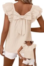 Halife Womens Summer Tops with Bow Tie Back Crew Neck Ruffle