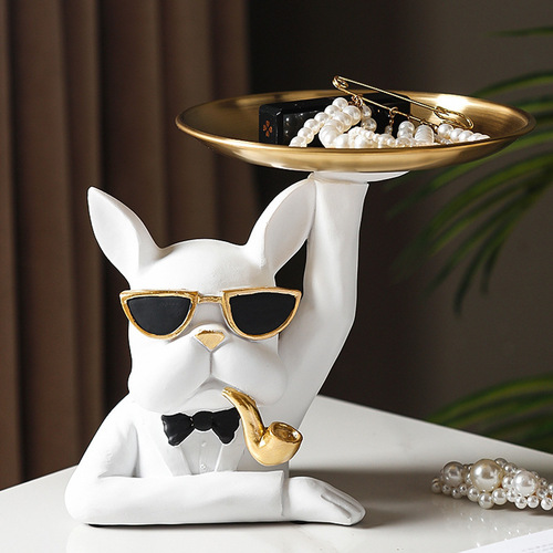 Nordic Style French Bulldog Double Trays Decorative Home Living Room Entrance Key Storage Resin Craft