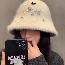 韩版百搭毛茸茸兔毛盆帽女秋冬季2024新款保暖防寒显脸小渔夫帽