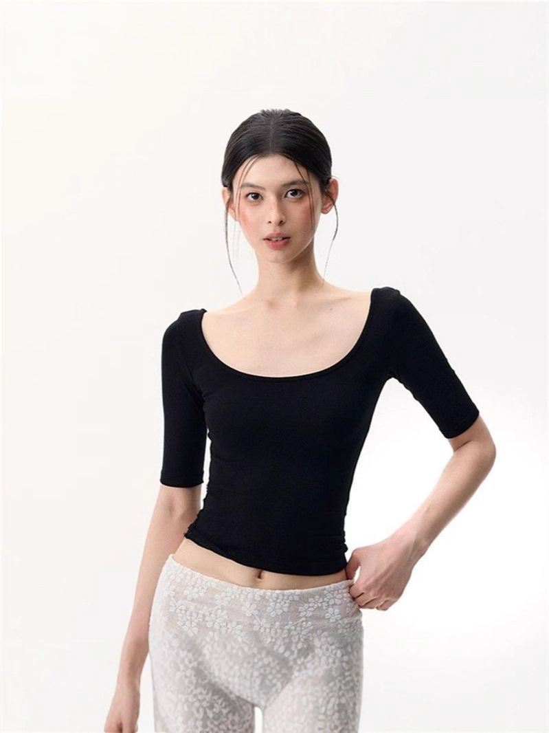 Mid-Sleeve U-Neck High-Waisted Regular Shoulder T-Shirt for Women, New Spring/Summer Stylish Waist-Cinching Slim-Fit Versatile Base Shirt