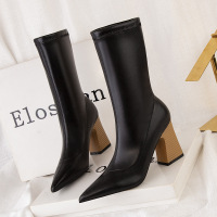 6068-1 the European and American fashion sexy wood with thick with high heels pointed show short tube of thin elastic thin short boots boots
