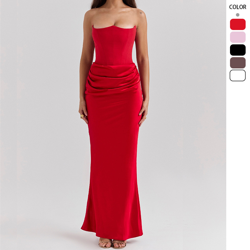 2025 Cross-border New Red Strapless Fishbone Sexy Slim-fit Fishtail Fishtail Dress Long Solid Color dress Women