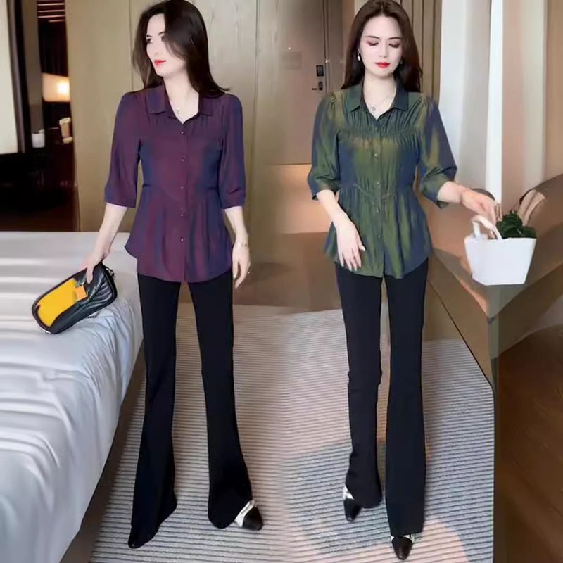 Women's Three-Quarter Sleeve Shirt 2026 Summer New Stylish Waist-Cinching Slimming Tummy-Covering Blouse Fashion Top Women's Three-Quarter Sleeve Shirt 2026 Summer New Stylish Waist-Cinching Slimming Tummy-Covering Blouse Fashion Top