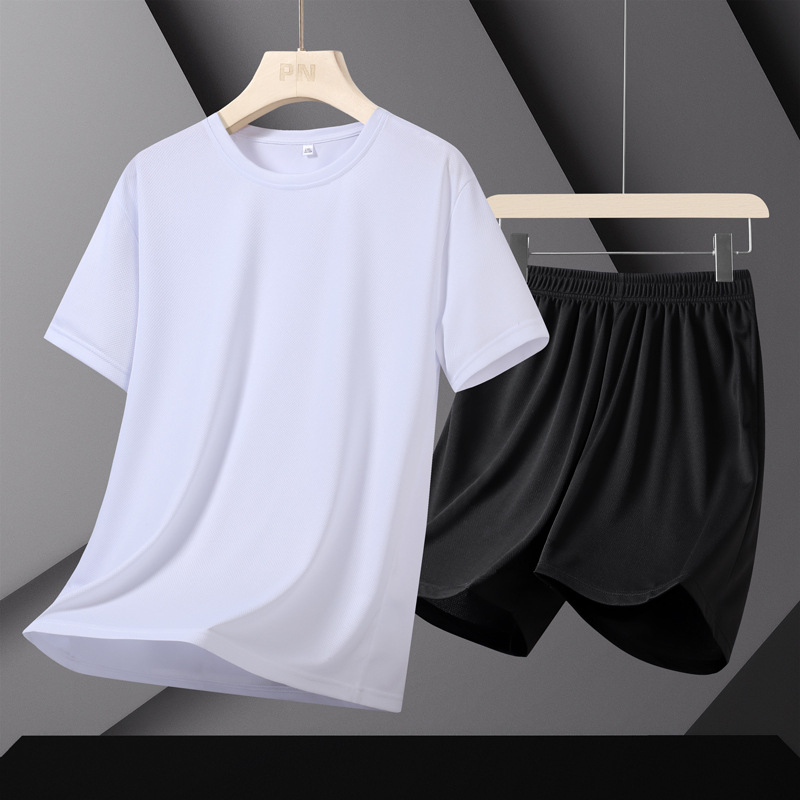 Traje deportivo transfronterizo Traje suelto de secado rápido para hombres que corren Traje de color sólido de comercio exterior delgado de verano para hombres de manga corta image 1