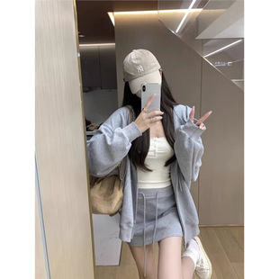 Solid Color Hooded Pink Sweatshirt Short Skirt Lazy Two-Piece Autumn Loose Jacket Pure Desire Style Dress Women's Age Reduction
