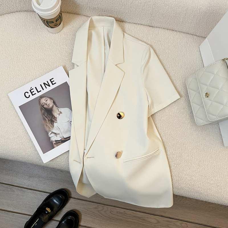 Off-white Thin Short-sleeved Suit Jacket Women's 2023 Summer New High-end Sense Metal Buckle Elegant Street Suit Off-white Thin Short-sleeved Suit Jacket Women's 2023 Summer New High-end Sense Metal Buckle Elegant Street Suit