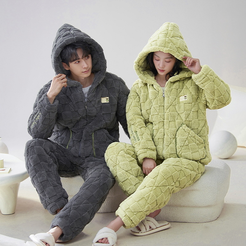 Nueva pareja de algodón acolchado pijamas hombres y mujeres de tres capas engrosadas de algodón acolchado cremallera collar soporte cremallera cálido hogar desgaste