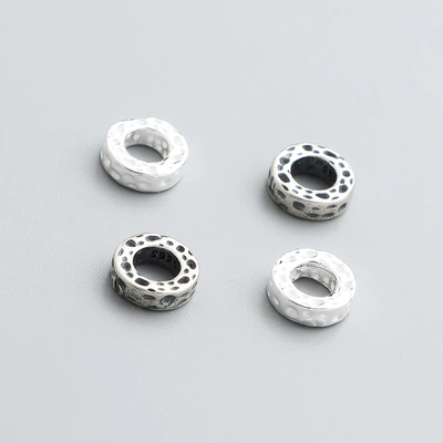 S925 Sterling Silver Retro Knocking Ring Wrapping Beads DIY Beaded Rope Bracelet Hammer Pattern Bead Spacer Accessories (Zərgərlik ara hissələri)
