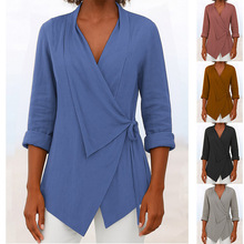 2025跨境外贸欧美ebay亚马逊wish爆款女装秋冬V领棉麻纯大码衬衣