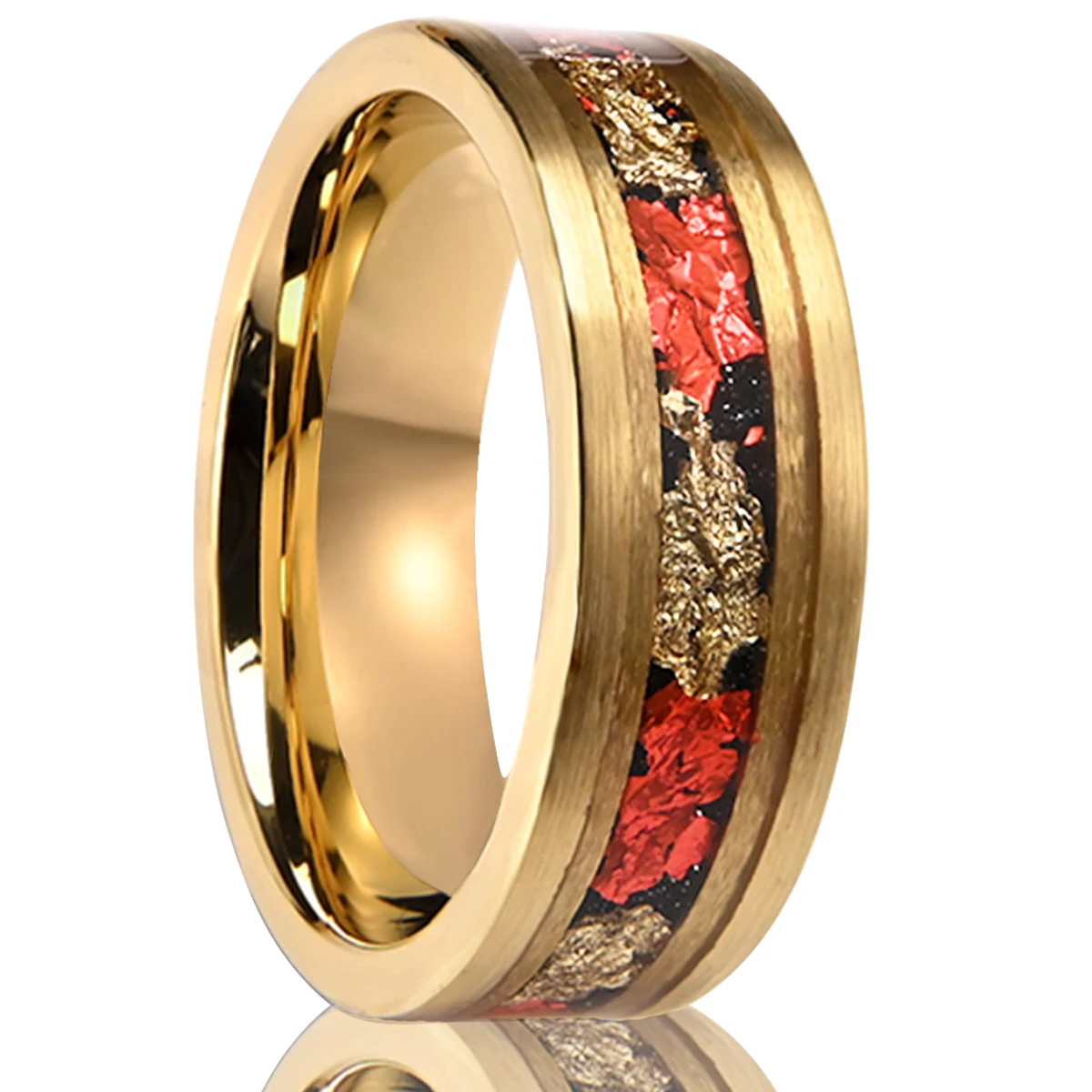8 Wide Electric 18K Gold Tungsten Steel Ring Inlaid with Broken Gold Foil and Red Foil Men's Tungsten Steel Ring Drop Shipping Cross-Border