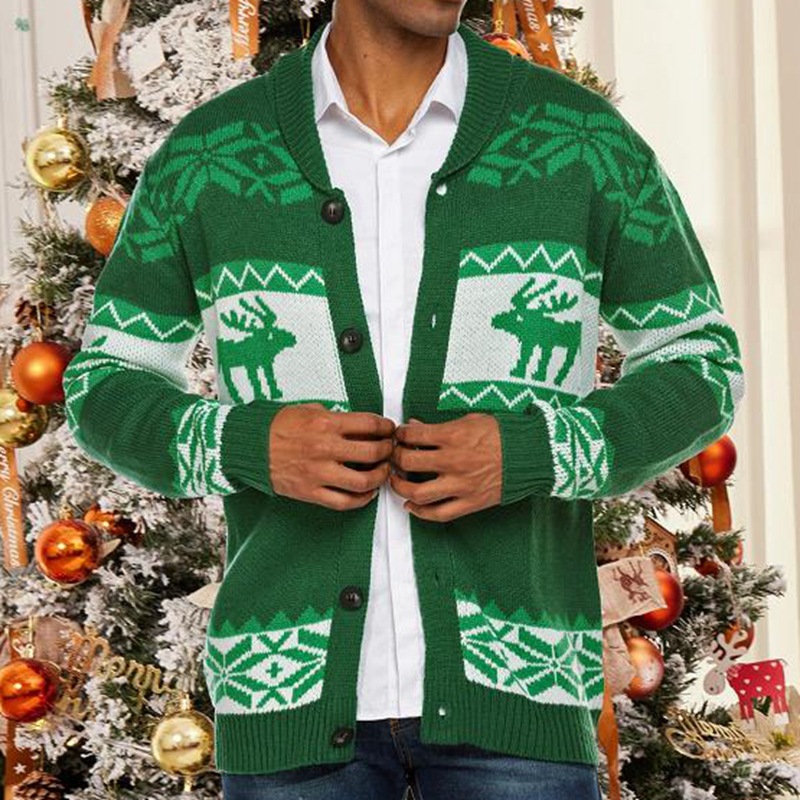Herbst Winter Herren Weihnachten Jacquard Strickwaren Knopf Strickjacke Pullover Jacke_voghion.com