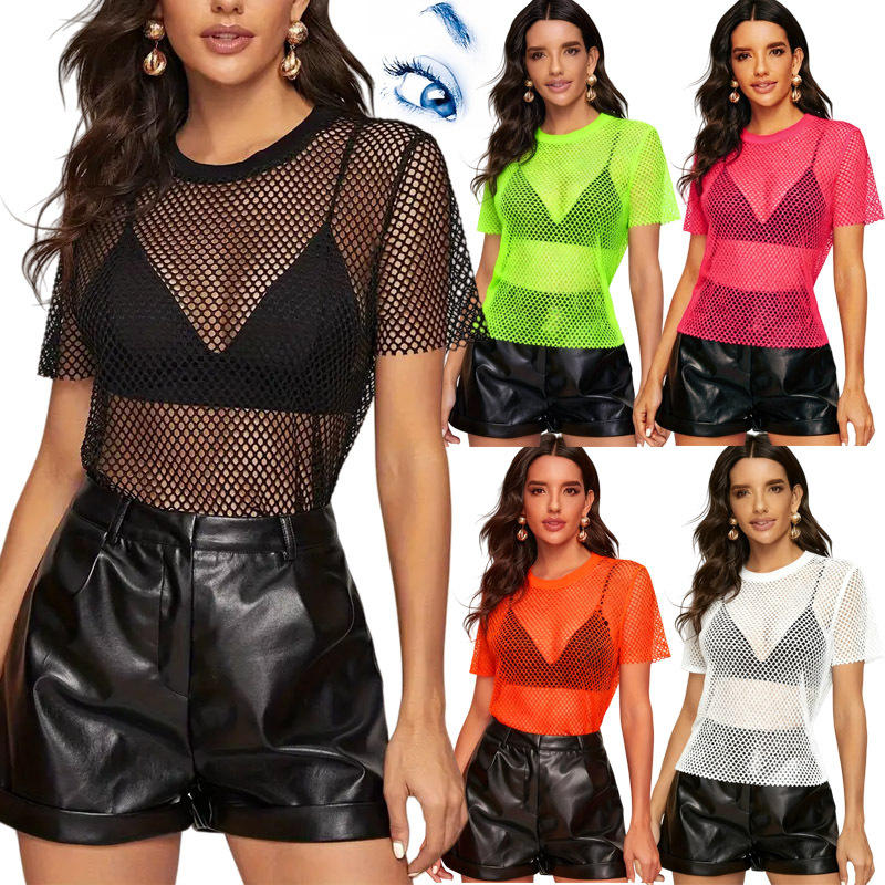 Cross-border independent station casual mesh T-shirt women's Amazon perspective mesh blouse Women's dress