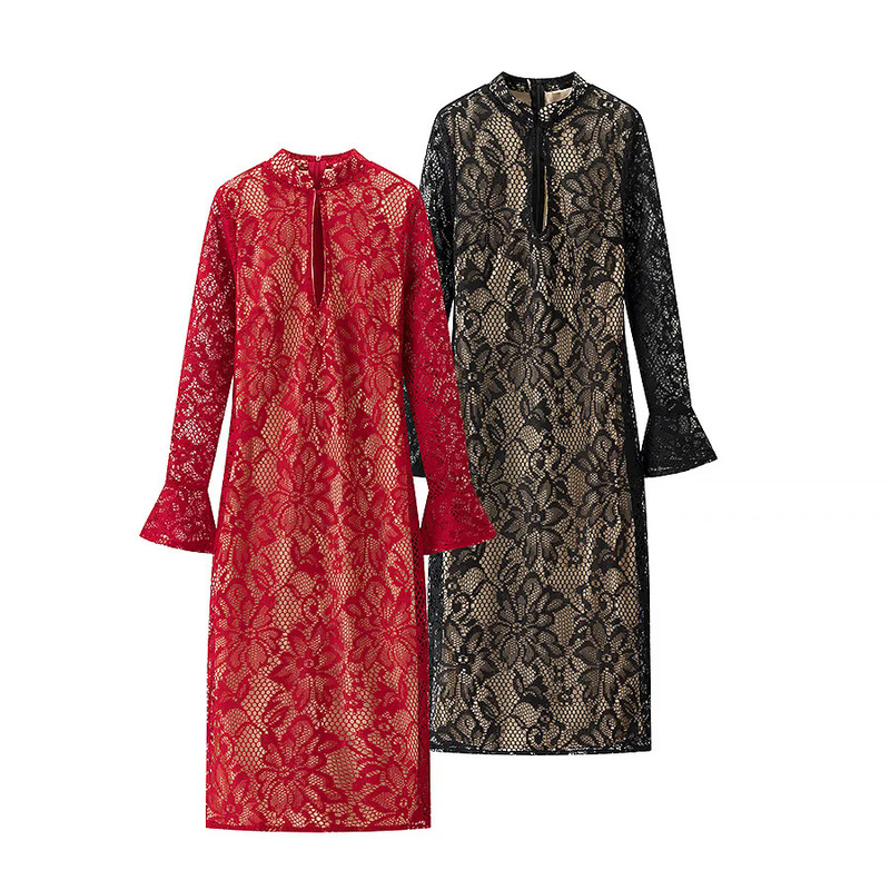 Ins European and American Women's Clothing 2025 Spring New Sexy Elegant Lace Cut Out Low-Cut Trumpet Sleeve Hip-Hugging Dress Ins European and American Women's Clothing 2025 Spring New Sexy Elegant Lace Cut Out Low-Cut Trumpet Sleeve Hip-Hugging Dress