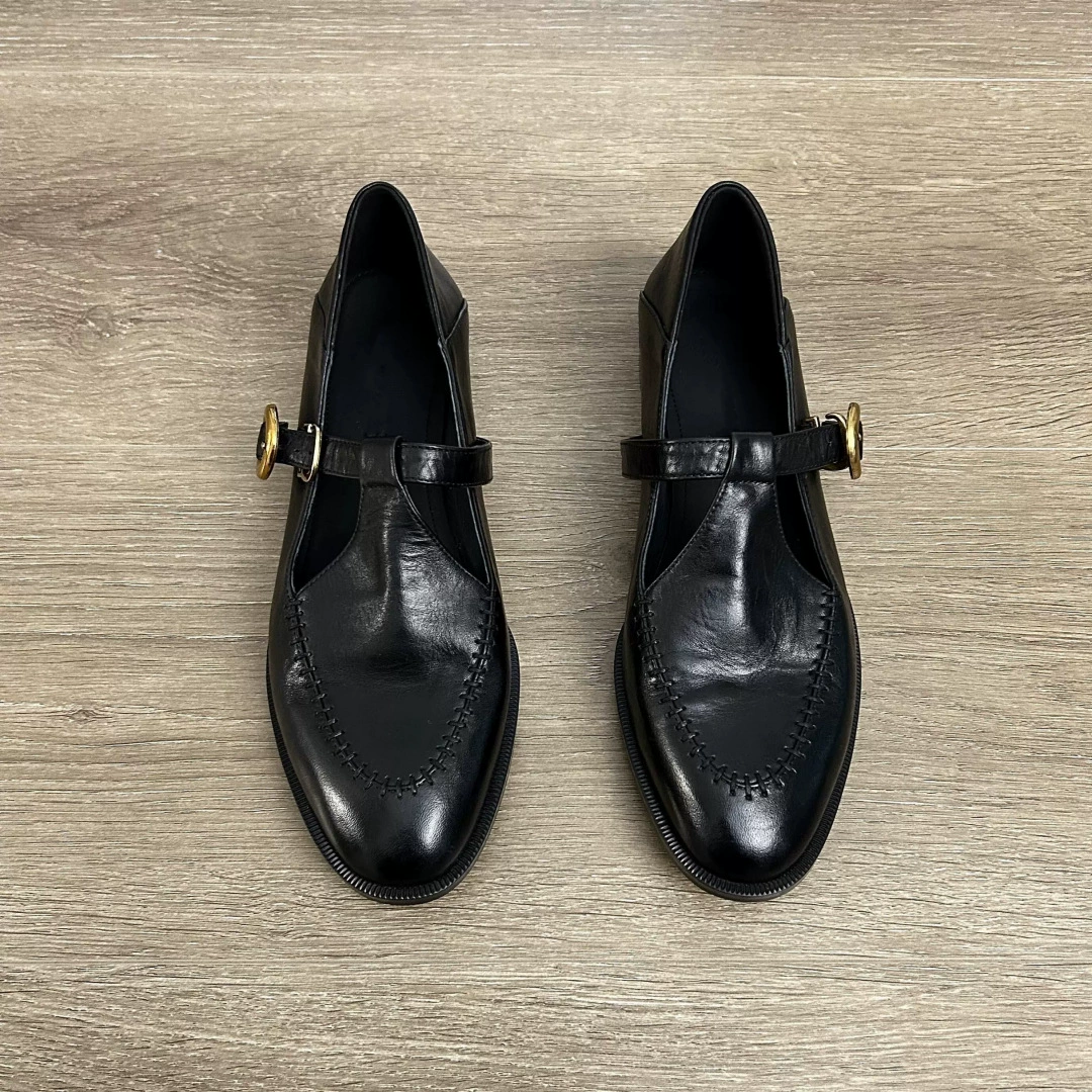 Коровья кожа версия ~ Весенние и осенние новые мойки кожи Lefu обувь женская Т-образная застежка с плоским дном