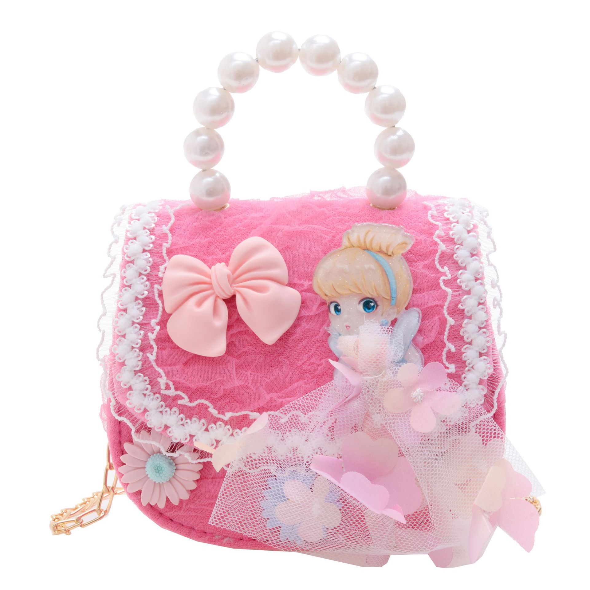 2022 nuevas niñas bolso de perlas de dibujos animados lindo arco princesa bolso de hombro estilo occidental encaje pequeño bolso de hombro