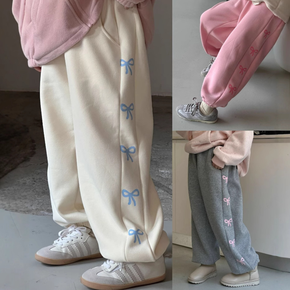 TCkids冬款 加绒加厚ins同款蝴蝶结奶油系可爱休闲束脚长卫裤