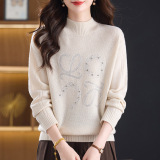 2025秋冬新款半高领100%绵羊毛针织衫女厚羊毛长袖宽松毛衣打底，女装针织衫/毛衣，妃慕昵服饰