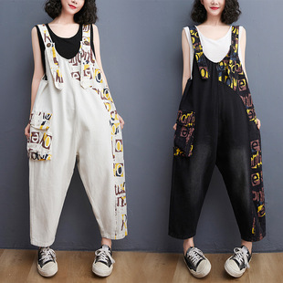 Fashion Letter Print Large Size Denim Suspender Pants Women's Spring and Autumn New Loose Age-reducing Jumpsuit Women's Summer