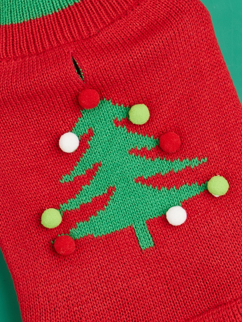 Weihnachtsurlaub Haustier Winterkleidung Gestrickter roter Weihnachtsbaum Weiß gepunkteter Doppelrock Pom Pom Pullover Kleid_voghion.com