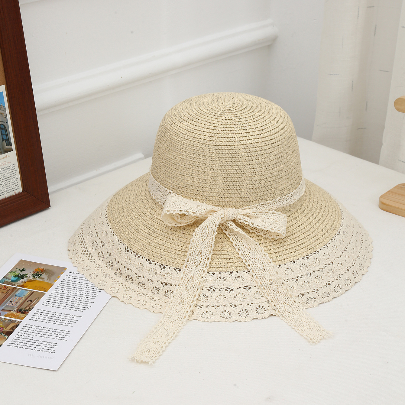 Sombrero de paja con lazo – estilo veraniego, ala ancha, para playa o vacaciones al aire libre