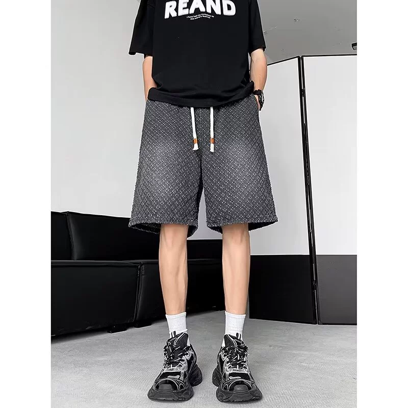 Жаккардовые ручные джинсовые шорты мужское лето 2024 новые модные фирменные брюки свободные ретро повседневные укороченные брюки
