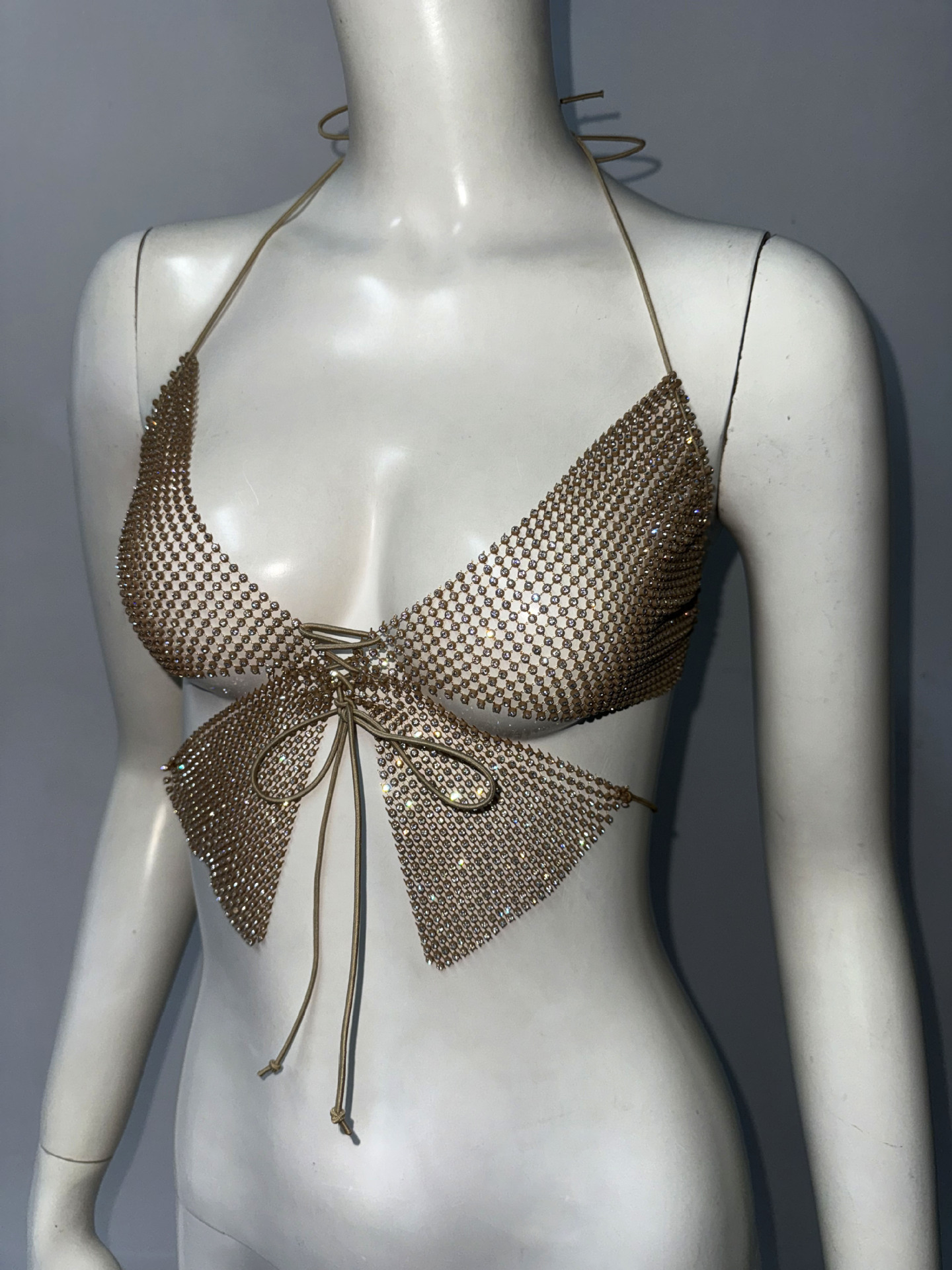 Halter Spaghetti Straps Rhinestone Lace up Vest Sexy Fishnet Rhinestone Sling