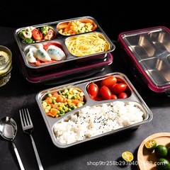 304 ステンレス鋼の蓋付きランチボックスプラスチック密封蓋ディナープレートマルチグリッド食堂学校幼稚園ファーストフードプレートランチボックス