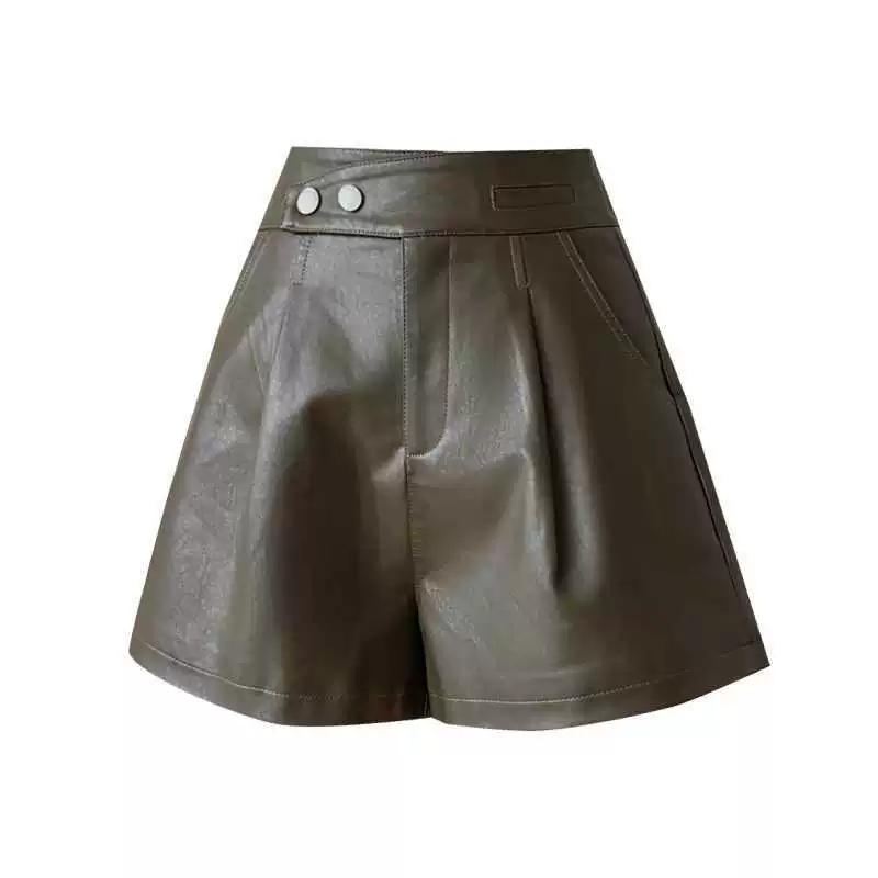 Polyurethane demi-season leggings, shorts for leisure, trousers, high waist, A-line, loose fit