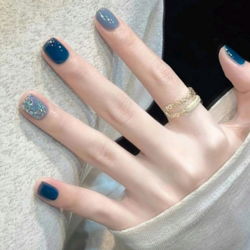 24 pieces of spring and summer blue contrast color lace sequins design candy color pressing nail wearing nail