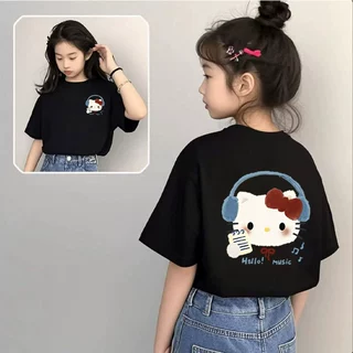 黑色kitty猫女童短袖t恤纯棉2025新款爆款中大童儿童夏季半袖上衣