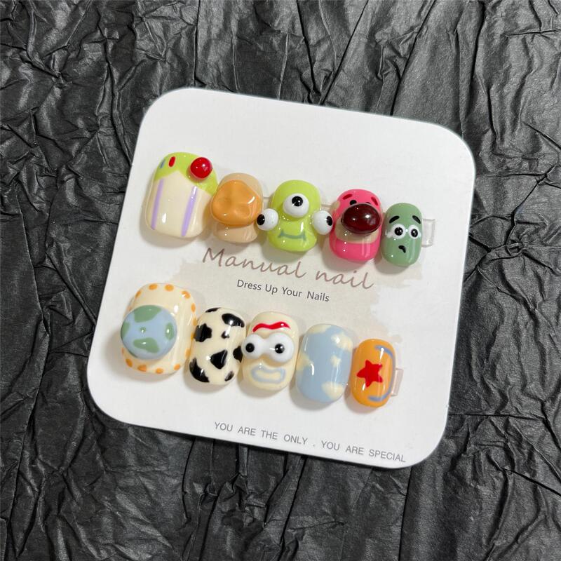 Purely Handmade Cute Cartoon Girl Short Round Wearable Manicure Patch Removable A271