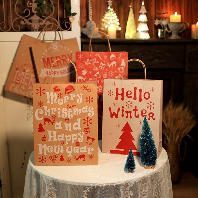 现货新款圣诞专色印白手提袋  黄牛皮纸袋礼品袋伴手礼环保纸袋