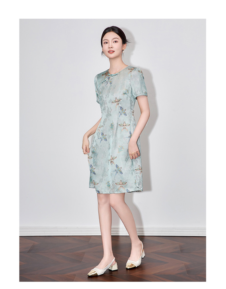 Váy sườn xám cách tân jacquard phong cách Trung Quốc chất liệu sợi mây thơm, dáng suông thắt eo, tay ngắn mùa hè — Màu xanh lam chi tiết 7