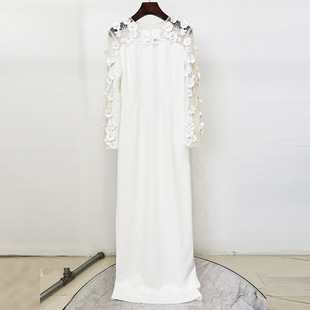 2025 New European and American Celebrity Evening Dress Long Dress Heavy Beading Stereo Flower Mesh Splicing Long Dress