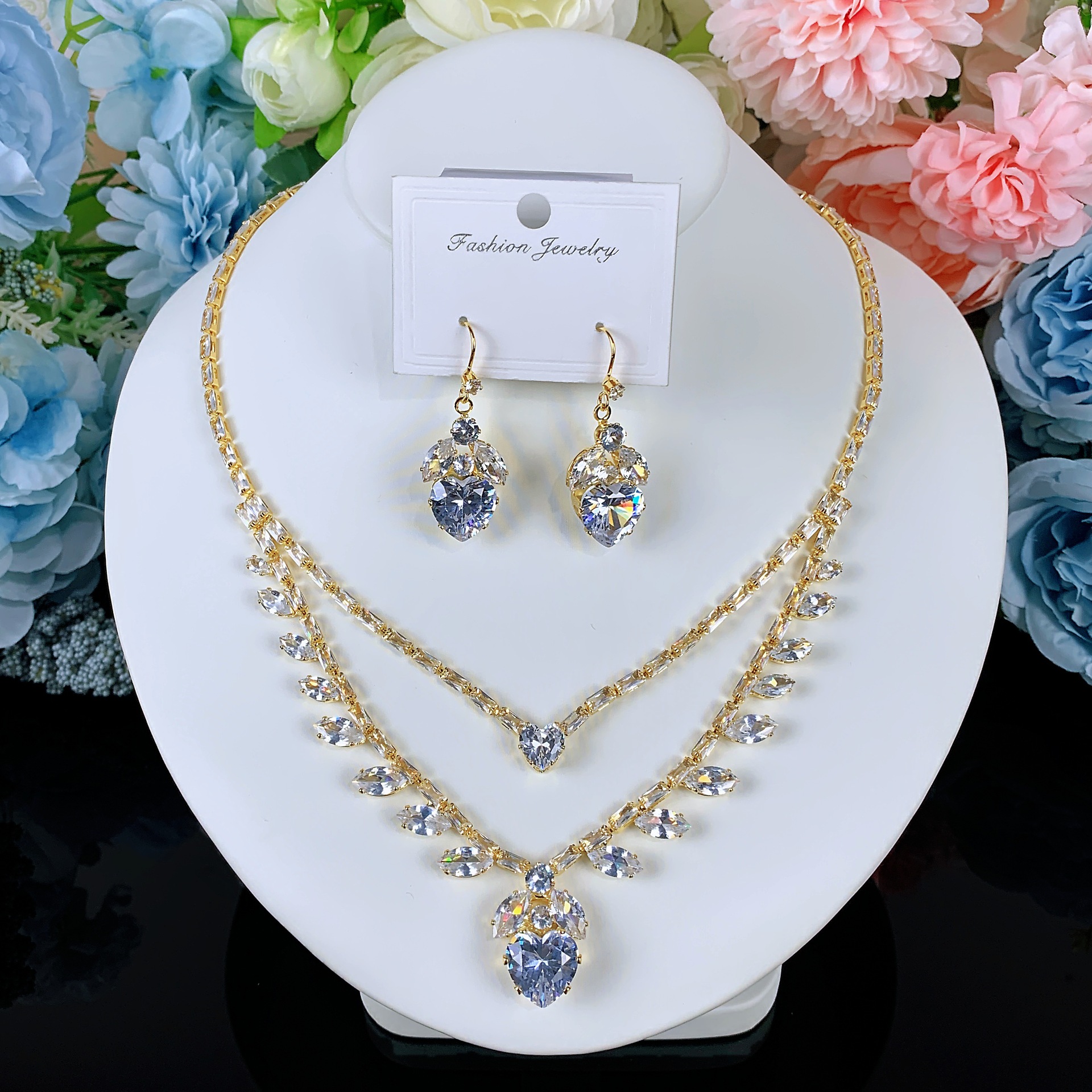 Collar de color de la industria pesada amazona orejas joyas set de moda de lujo vestido de novia cena joyas de zircon mujer image 44