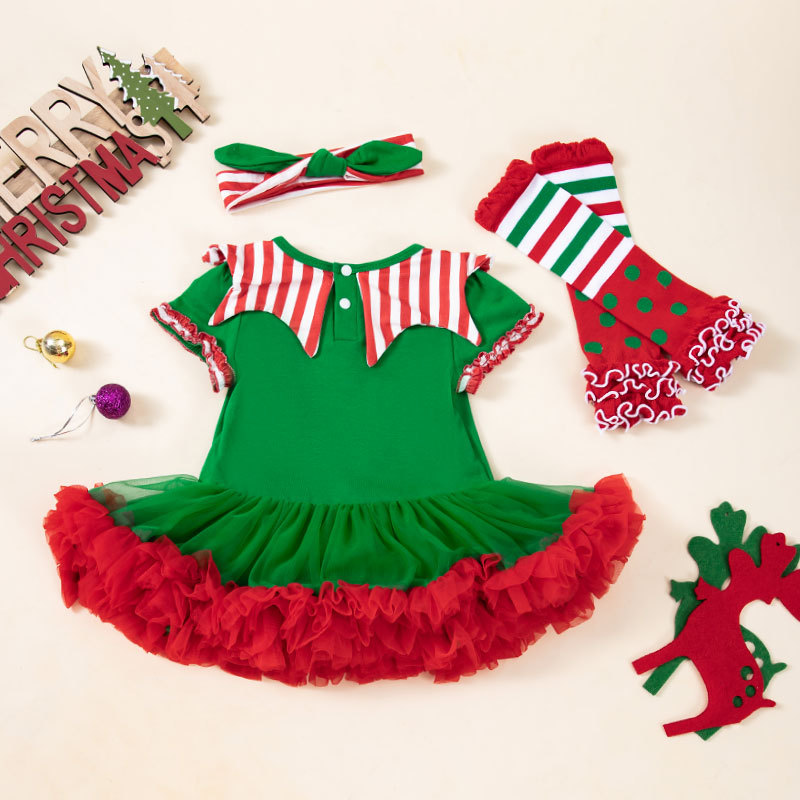 2024 New Girls Spring Clothes Christmas Short-Sleeved Harness Skirt Infant Clothes Harness Clothes Soft and Plaid