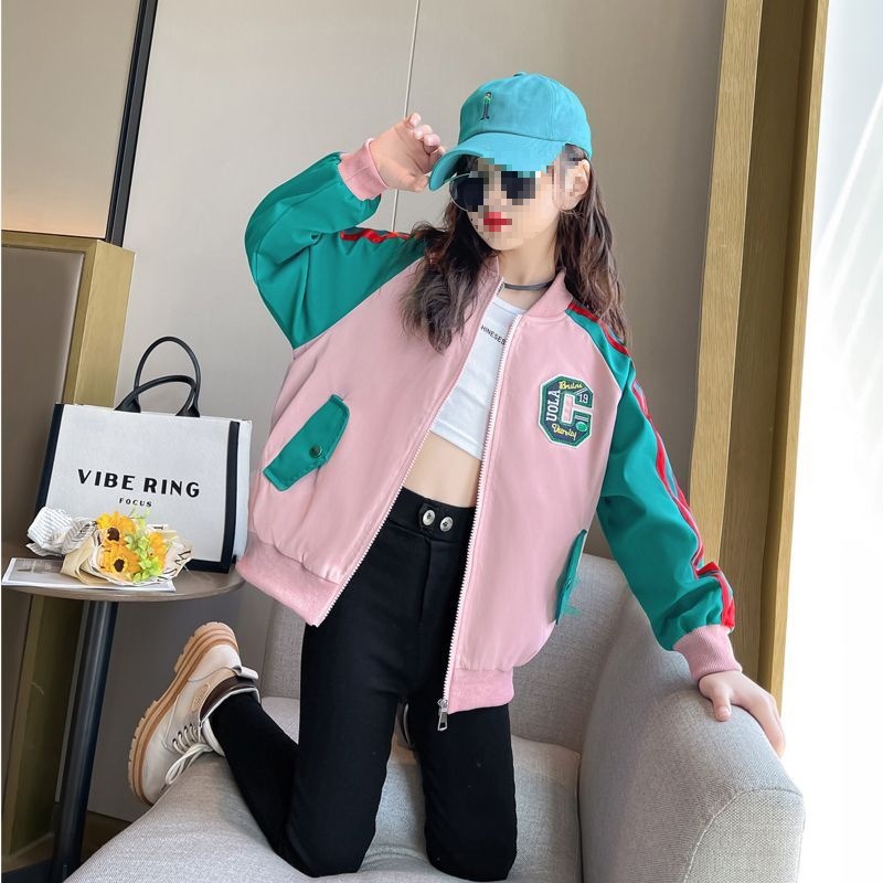 女童外套新款中大童棒球服拼色印花夹克女孩外套春秋款上衣防风衣